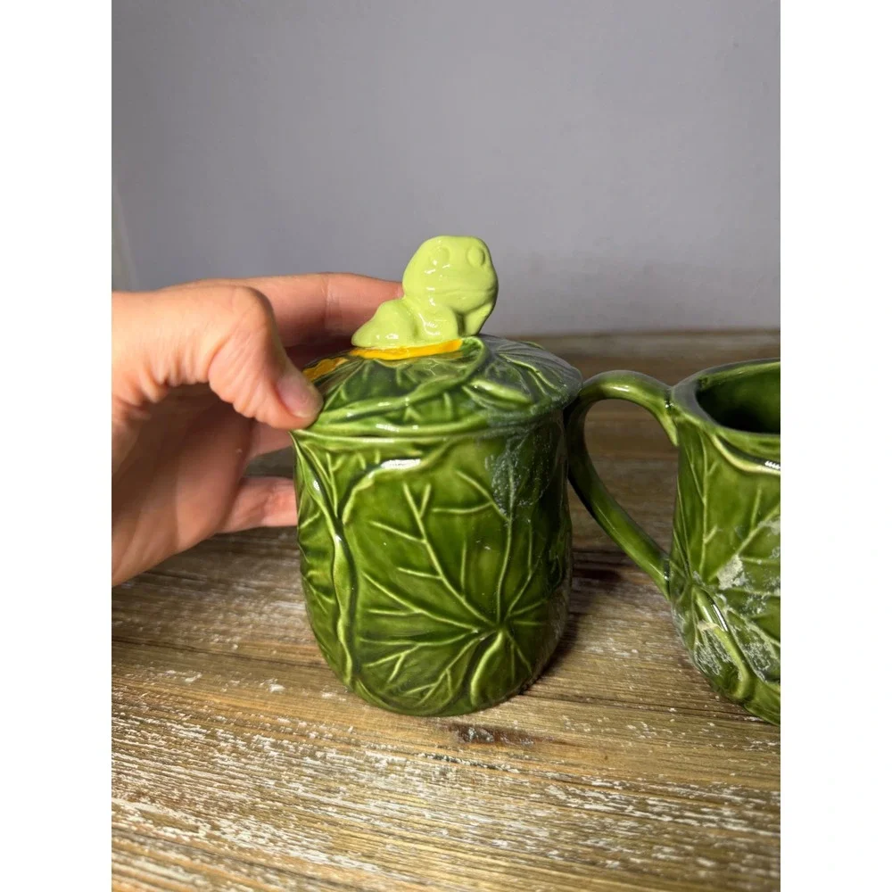 Vintage Neil the Frog Lily Pad Ceramic Cream Sugar Set Green Kitsch Cottagecore